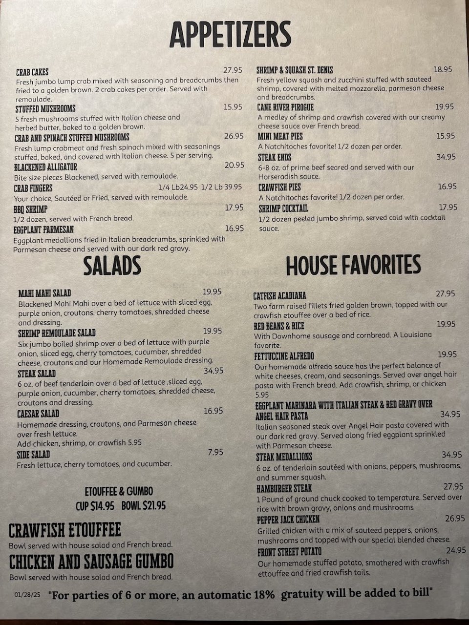 Menu page with appetizers, salads, and house favorites.